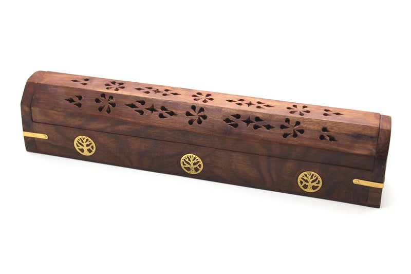GovindaÂ® Wooden Coffin Incense Burner - 12" Tree of Life - Brass Inlays - Storage Compartment - Image 1